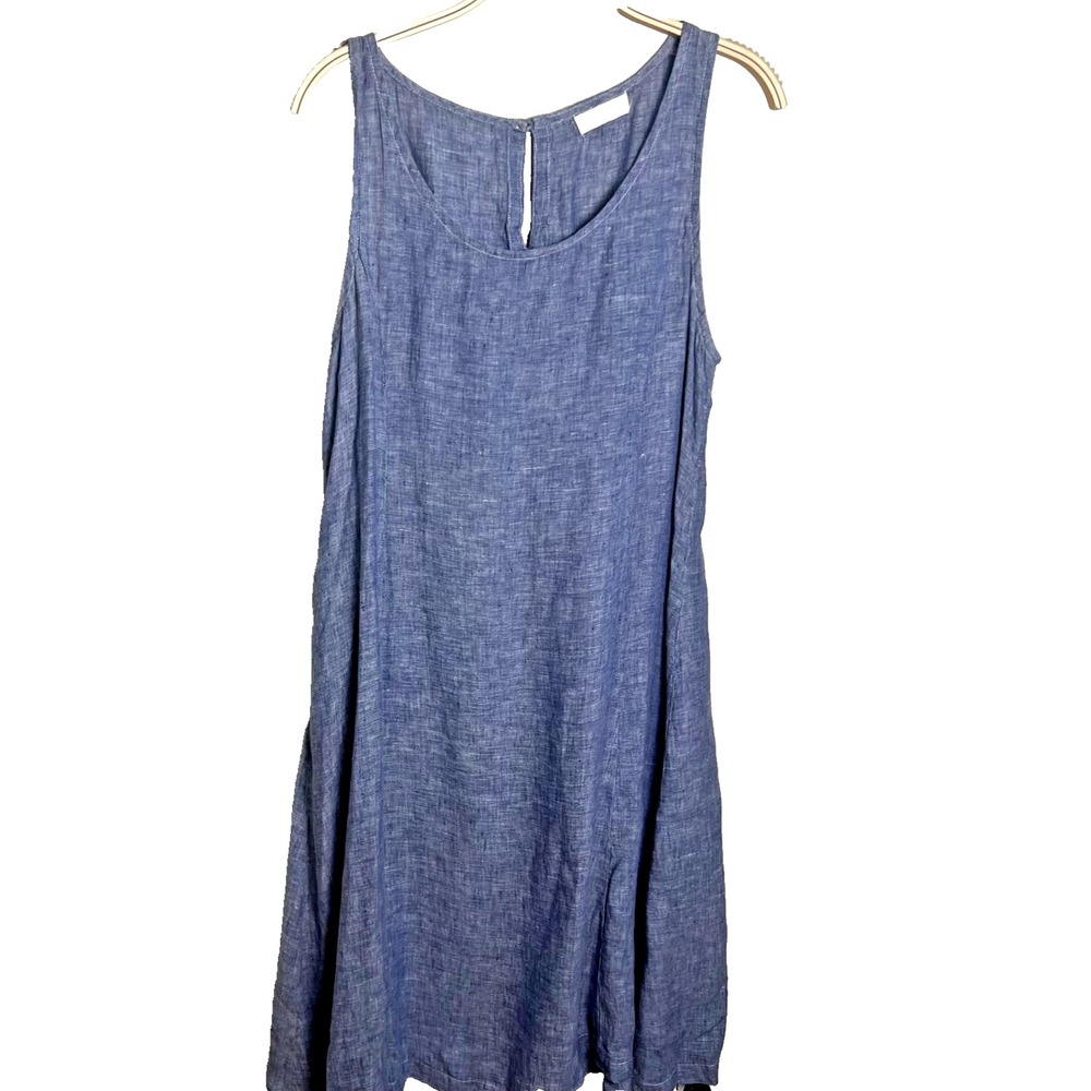 CP shades 100% linen lagenlook A- Line Coastal Grandma‎ Midi Dress Blue boho XS